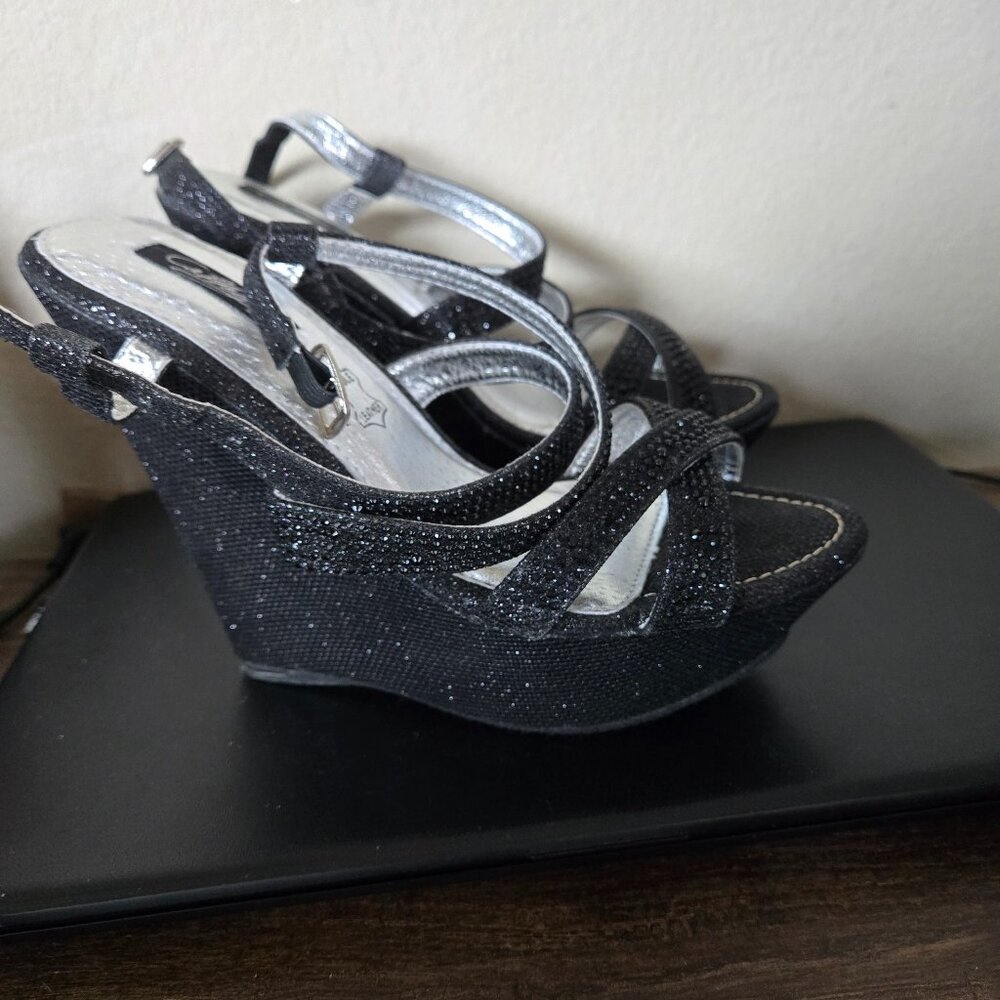 Black shimmer wedge sandal
